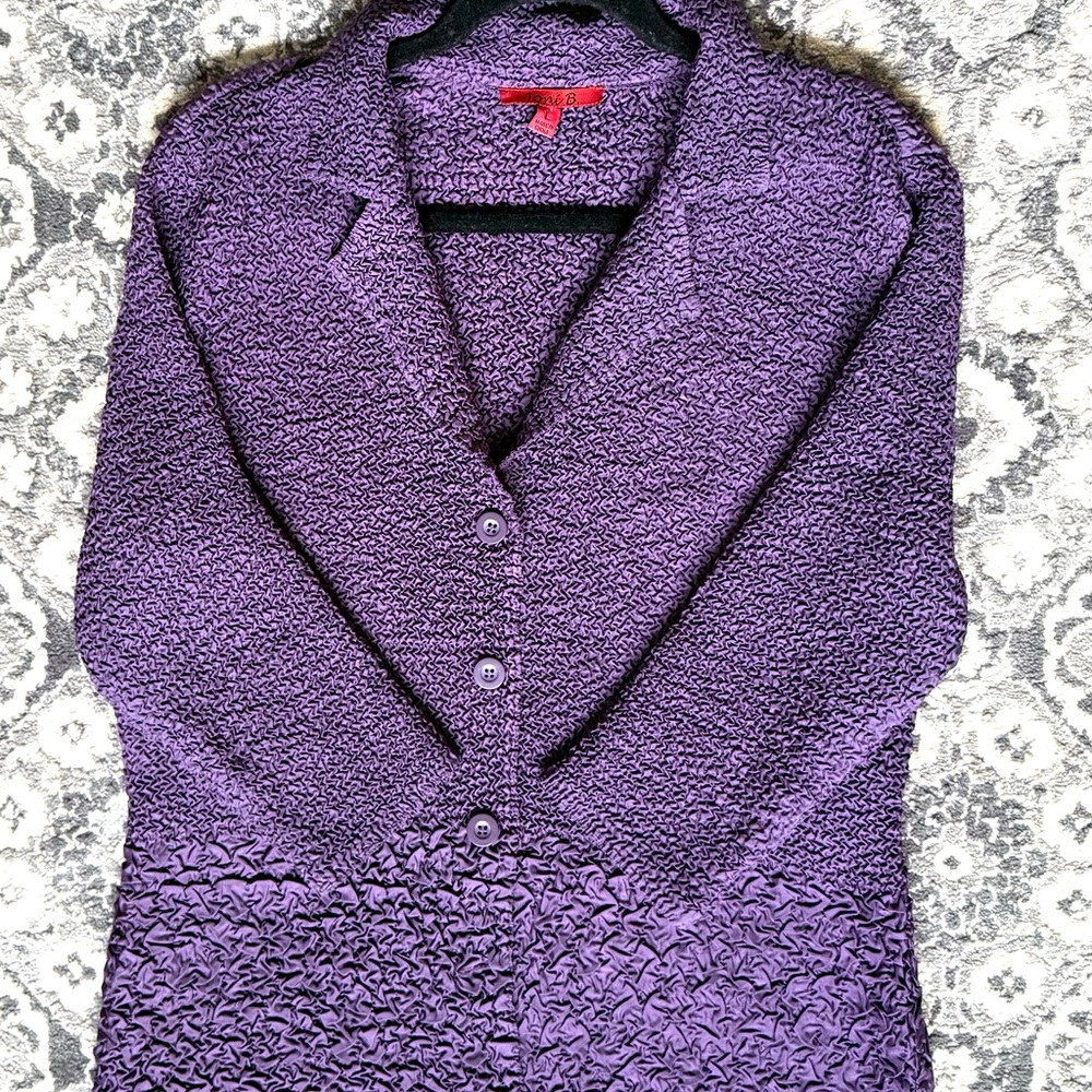 Joni B Purple Crinkle Textured Jacket Button Front Artsy Wrinkle Free Large
